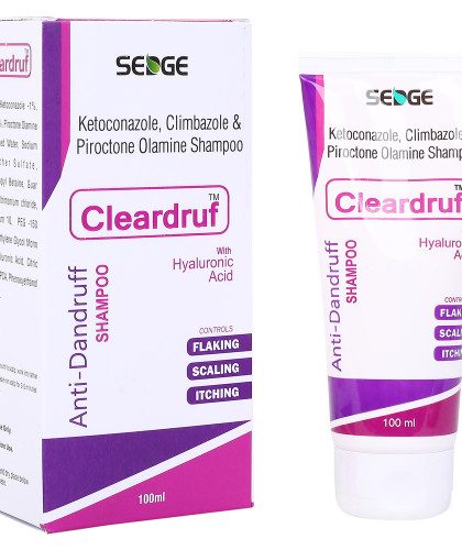 Cleardruf (Brand Name) Ketoconazole, Climbazole & Piroctone Olamine Shampoo (Active Ingredients) Anti-Dandruff Shampoo With Hyaluronic Acid Controls: Flaking, Scaling, Itching 100 ml (Product Volume) SEGE (Company Name)