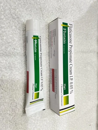 Flutain Cream packaging, Fluticasone Propionate Cream 0.05%, Tube and box display, Dermatitis and eczema treatment, Skin allergy relief