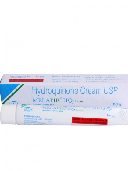 Hydroquinone Cream USP, Melapik-HQ Cream, Composition: Hydroquinone USP 4% w/w, In cream base, For external use only,Avoid contact with eyes, Store at temperature below 40°C, Do not freeze, Keep out of reach of children