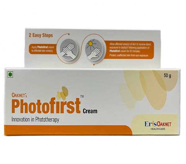 Oaknet's Photofirst Cream, Innovation in Phototherapy, Eris Oaknet Healthcare, 50g, 2 Easy Steps, Apply Photofirst cream to affected skin areas, Direct daylight exposure after application, Protect unaffected skin from sun exposure