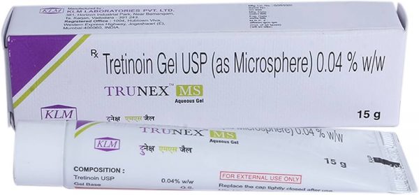 Trunex MS Gel Tretinoin Gel USP (Microsphere) 0.04% w/w Aqueous Gel For External Use Only 15g Tube Manufactured by KLM Laboratories Prescription-Based Skincare Dermatological Treatment